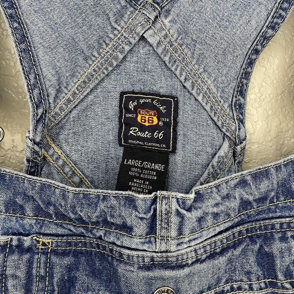 VTG Route 66 Denim Carpenter Short Overalls L Bibs Embroidered Floral Y2K 90s - Picture 2 of 12
